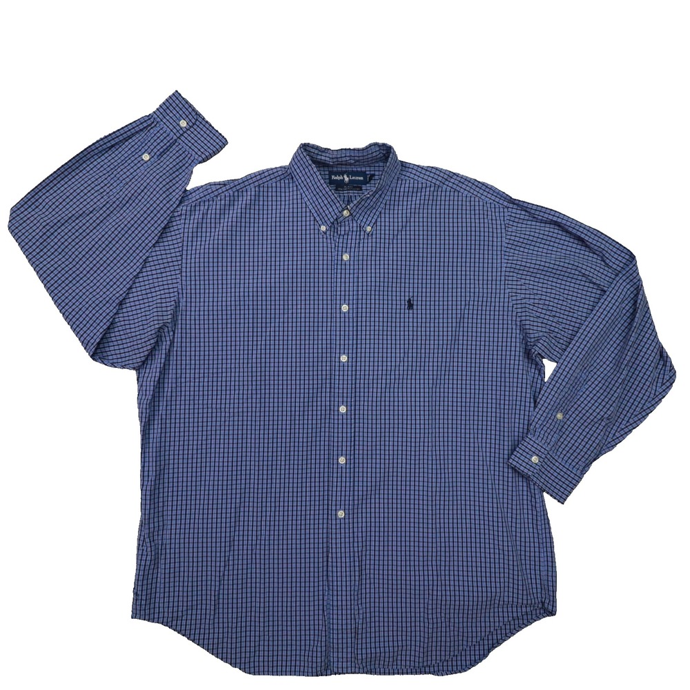 Ralph Lauren Blake Blue Plaid 2 Ply Cotton Long Sleeve Button Up Shirt size XL